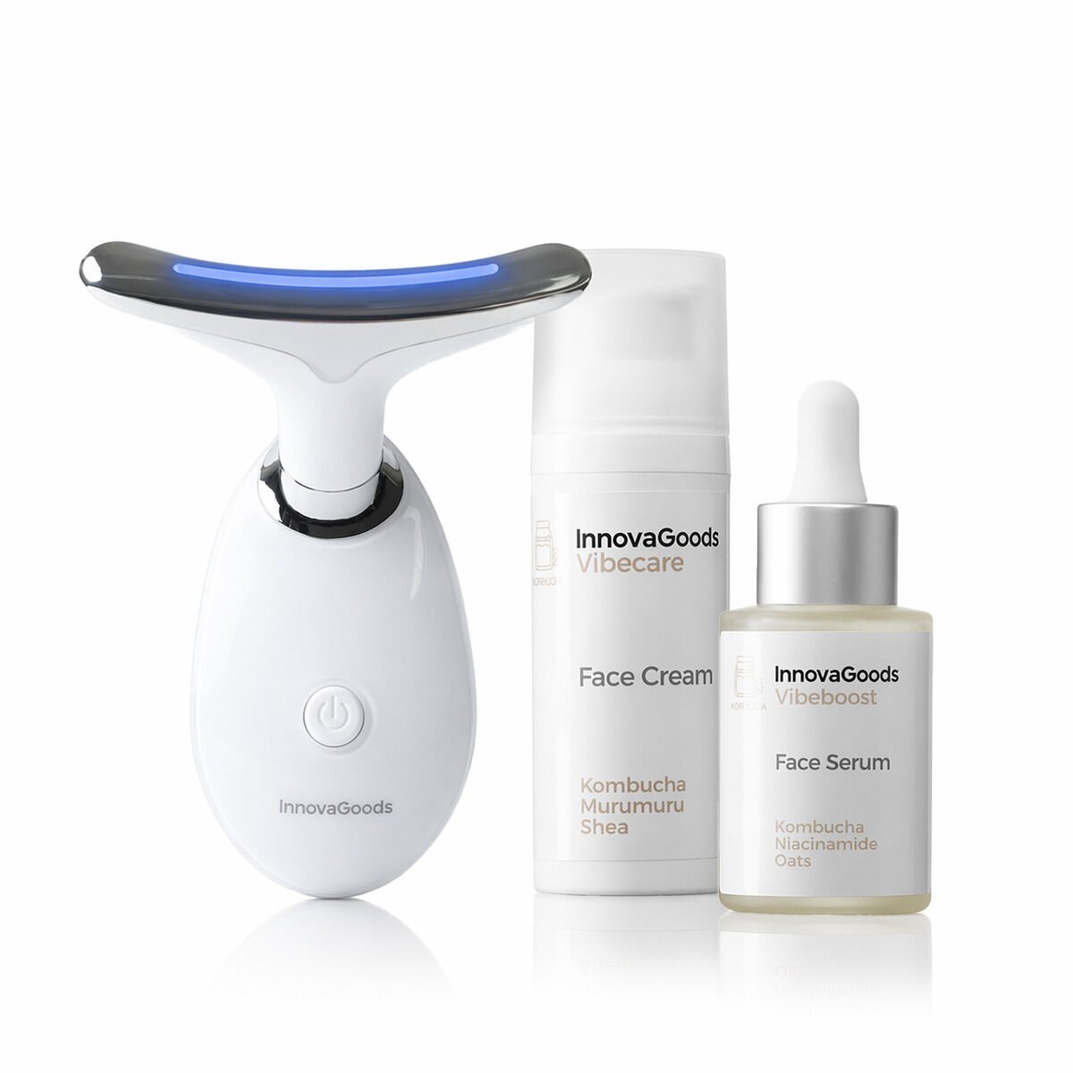 Pack gezichtsmassager, kombucha gezichtserum Vibeboost 30 ml en kombucha gezichtscrème Vibecare 50 ml InnovaGoods