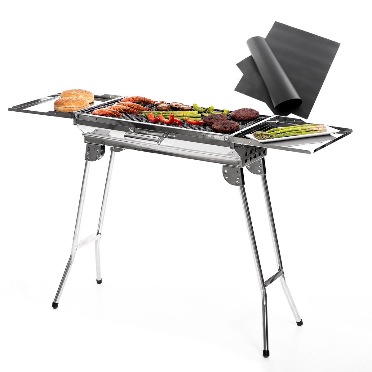 Pack Roestvrijstalen vouwbarbecue voor houtskool en Grillmat voor Oven en Barbecue InnovaGoods